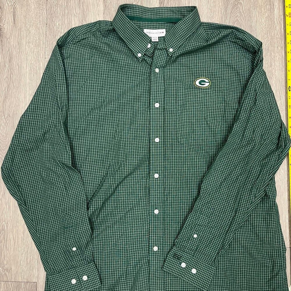 Cutter & Buck Green & White Checkered Green Bay Packers Button Up Shirt Size XXL